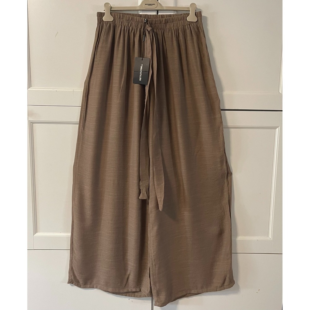 PrettyLittleThing Mocha Brown Wide Leg Tie Waist Trousers Pants Size 12 NEW